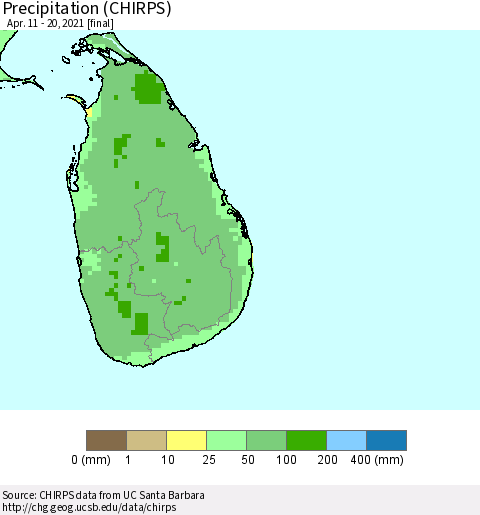 Sri Lanka Precipitation (CHIRPS) Thematic Map For 4/11/2021 - 4/20/2021