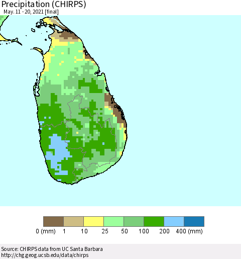 Sri Lanka Precipitation (CHIRPS) Thematic Map For 5/11/2021 - 5/20/2021