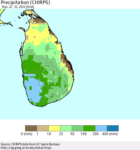 Sri Lanka Precipitation (CHIRPS) Thematic Map For 5/21/2021 - 5/31/2021