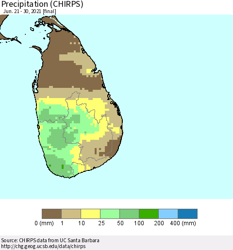 Sri Lanka Precipitation (CHIRPS) Thematic Map For 6/21/2021 - 6/30/2021