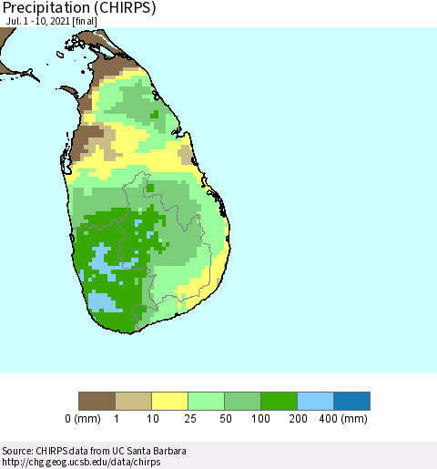 Sri Lanka Precipitation (CHIRPS) Thematic Map For 7/1/2021 - 7/10/2021