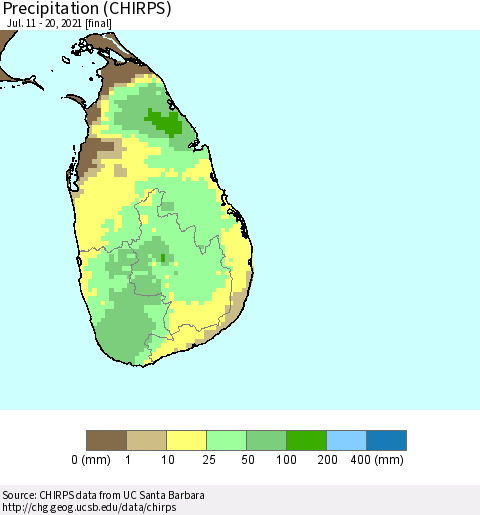 Sri Lanka Precipitation (CHIRPS) Thematic Map For 7/11/2021 - 7/20/2021