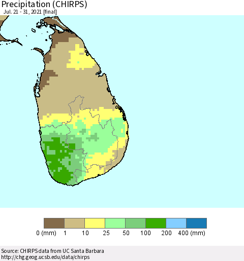 Sri Lanka Precipitation (CHIRPS) Thematic Map For 7/21/2021 - 7/31/2021