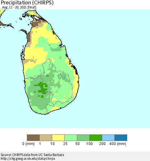 Sri Lanka Precipitation (CHIRPS) Thematic Map For 8/11/2021 - 8/20/2021