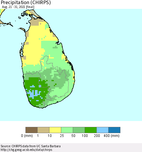 Sri Lanka Precipitation (CHIRPS) Thematic Map For 8/21/2021 - 8/31/2021