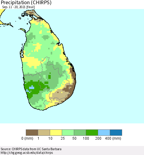 Sri Lanka Precipitation (CHIRPS) Thematic Map For 9/11/2021 - 9/20/2021