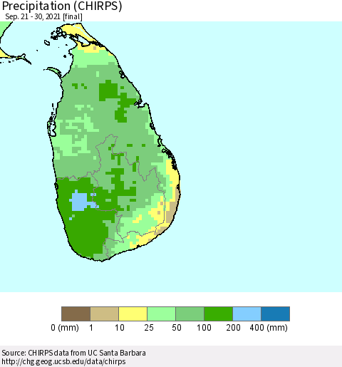 Sri Lanka Precipitation (CHIRPS) Thematic Map For 9/21/2021 - 9/30/2021