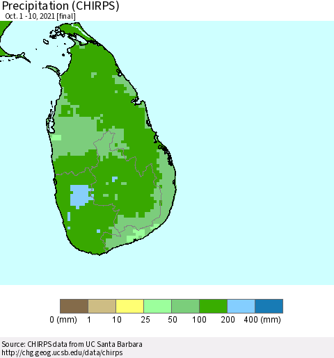 Sri Lanka Precipitation (CHIRPS) Thematic Map For 10/1/2021 - 10/10/2021