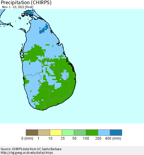 Sri Lanka Precipitation (CHIRPS) Thematic Map For 11/1/2021 - 11/10/2021