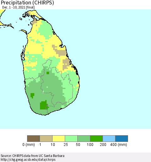 Sri Lanka Precipitation (CHIRPS) Thematic Map For 12/1/2021 - 12/10/2021