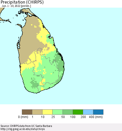 Sri Lanka Precipitation (CHIRPS) Thematic Map For 1/1/2022 - 1/10/2022