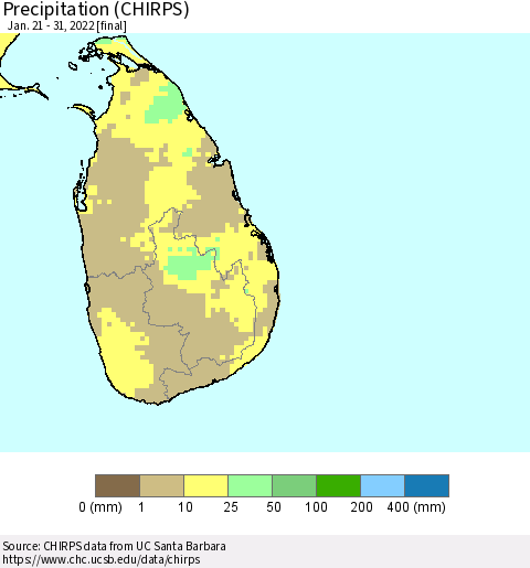 Sri Lanka Precipitation (CHIRPS) Thematic Map For 1/21/2022 - 1/31/2022