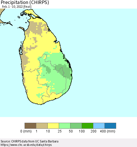 Sri Lanka Precipitation (CHIRPS) Thematic Map For 2/1/2022 - 2/10/2022