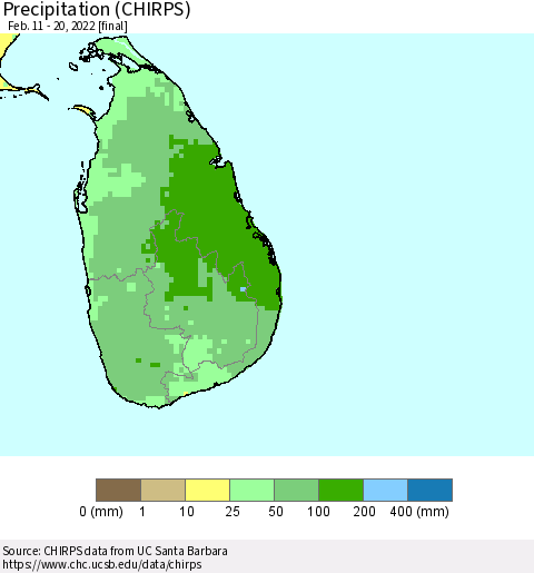 Sri Lanka Precipitation (CHIRPS) Thematic Map For 2/11/2022 - 2/20/2022