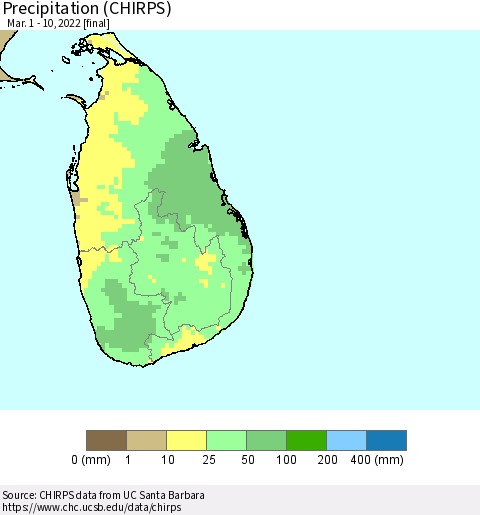 Sri Lanka Precipitation (CHIRPS) Thematic Map For 3/1/2022 - 3/10/2022