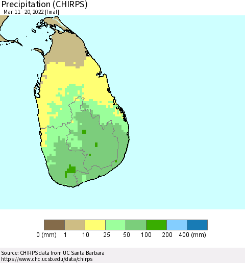 Sri Lanka Precipitation (CHIRPS) Thematic Map For 3/11/2022 - 3/20/2022