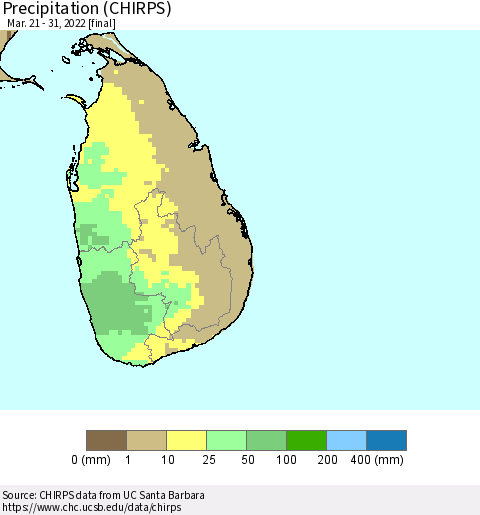Sri Lanka Precipitation (CHIRPS) Thematic Map For 3/21/2022 - 3/31/2022
