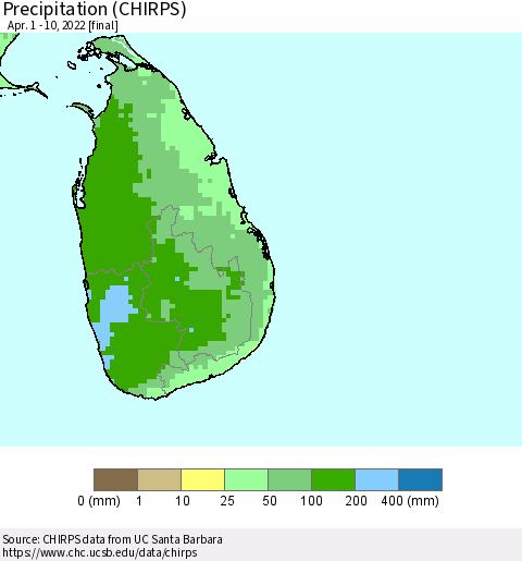 Sri Lanka Precipitation (CHIRPS) Thematic Map For 4/1/2022 - 4/10/2022