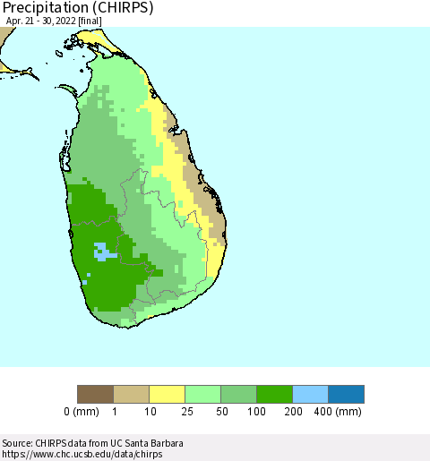 Sri Lanka Precipitation (CHIRPS) Thematic Map For 4/21/2022 - 4/30/2022