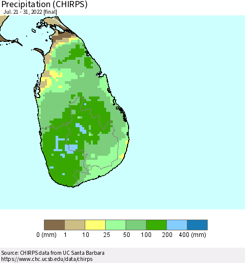 Sri Lanka Precipitation (CHIRPS) Thematic Map For 7/21/2022 - 7/31/2022