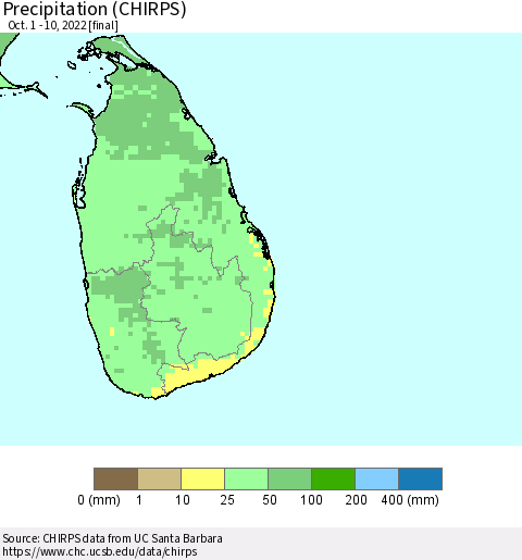 Sri Lanka Precipitation (CHIRPS) Thematic Map For 10/1/2022 - 10/10/2022