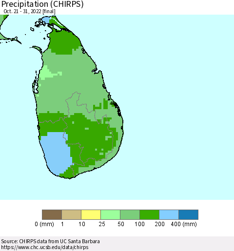 Sri Lanka Precipitation (CHIRPS) Thematic Map For 10/21/2022 - 10/31/2022