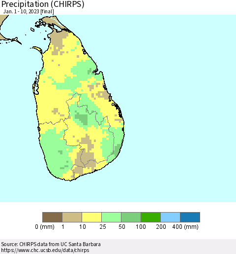 Sri Lanka Precipitation (CHIRPS) Thematic Map For 1/1/2023 - 1/10/2023