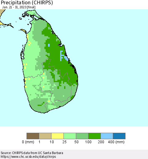 Sri Lanka Precipitation (CHIRPS) Thematic Map For 1/21/2023 - 1/31/2023