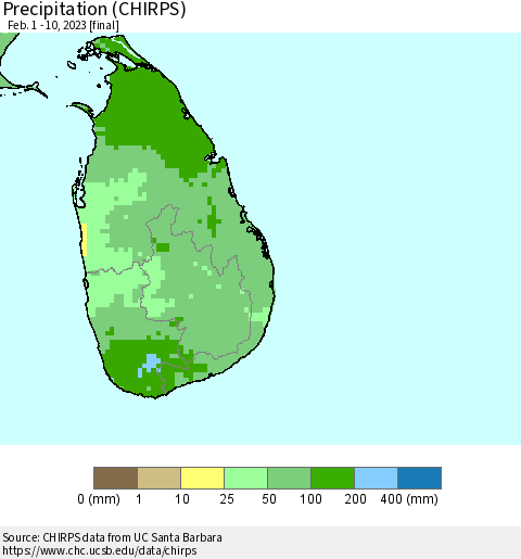 Sri Lanka Precipitation (CHIRPS) Thematic Map For 2/1/2023 - 2/10/2023