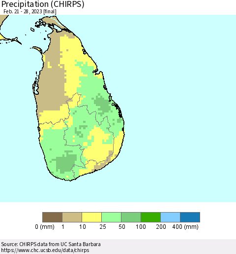 Sri Lanka Precipitation (CHIRPS) Thematic Map For 2/21/2023 - 2/28/2023