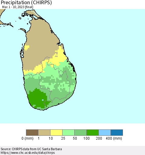 Sri Lanka Precipitation (CHIRPS) Thematic Map For 3/1/2023 - 3/10/2023
