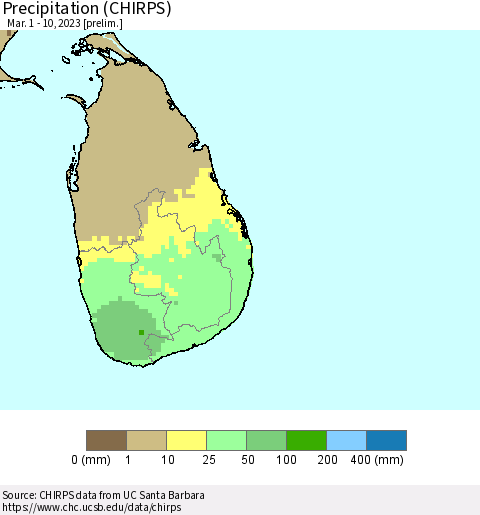 Sri Lanka Precipitation (CHIRPS) Thematic Map For 3/1/2023 - 3/10/2023