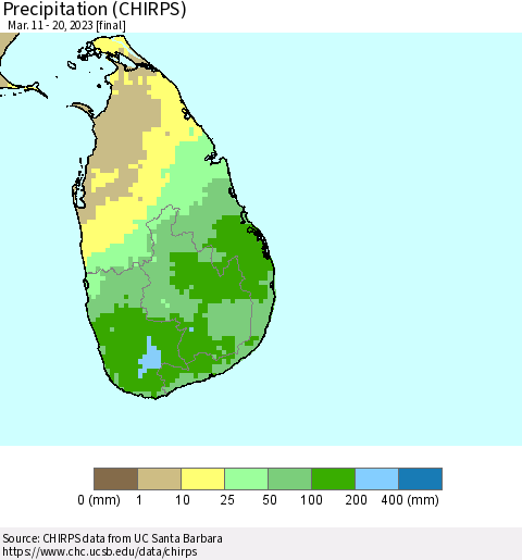Sri Lanka Precipitation (CHIRPS) Thematic Map For 3/11/2023 - 3/20/2023
