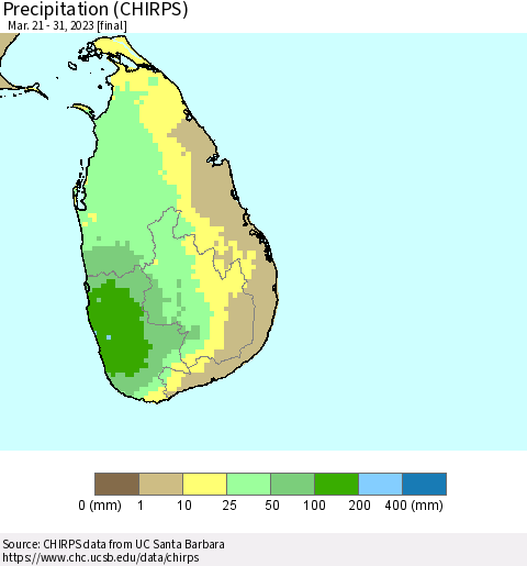 Sri Lanka Precipitation (CHIRPS) Thematic Map For 3/21/2023 - 3/31/2023