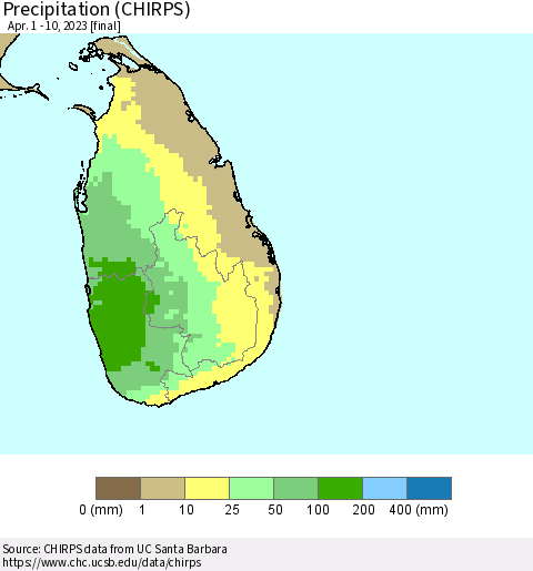 Sri Lanka Precipitation (CHIRPS) Thematic Map For 4/1/2023 - 4/10/2023