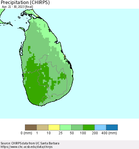 Sri Lanka Precipitation (CHIRPS) Thematic Map For 4/21/2023 - 4/30/2023
