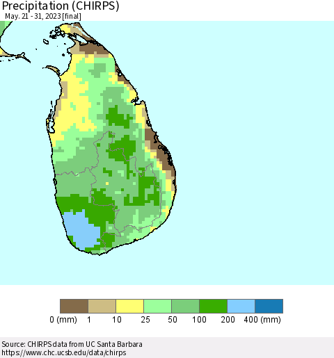 Sri Lanka Precipitation (CHIRPS) Thematic Map For 5/21/2023 - 5/31/2023