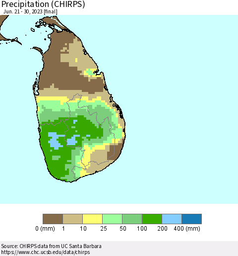 Sri Lanka Precipitation (CHIRPS) Thematic Map For 6/21/2023 - 6/30/2023