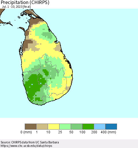 Sri Lanka Precipitation (CHIRPS) Thematic Map For 7/1/2023 - 7/10/2023