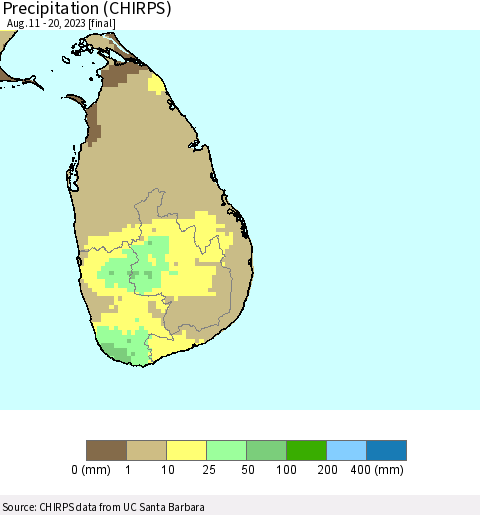 Sri Lanka Precipitation (CHIRPS) Thematic Map For 8/11/2023 - 8/20/2023