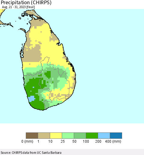 Sri Lanka Precipitation (CHIRPS) Thematic Map For 8/21/2023 - 8/31/2023