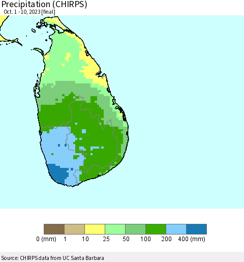 Sri Lanka Precipitation (CHIRPS) Thematic Map For 10/1/2023 - 10/10/2023