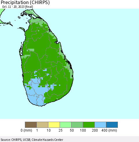Sri Lanka Precipitation (CHIRPS) Thematic Map For 10/11/2023 - 10/20/2023