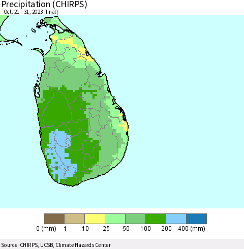 Sri Lanka Precipitation (CHIRPS) Thematic Map For 10/21/2023 - 10/31/2023