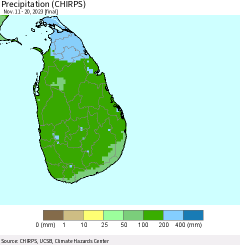 Sri Lanka Precipitation (CHIRPS) Thematic Map For 11/11/2023 - 11/20/2023