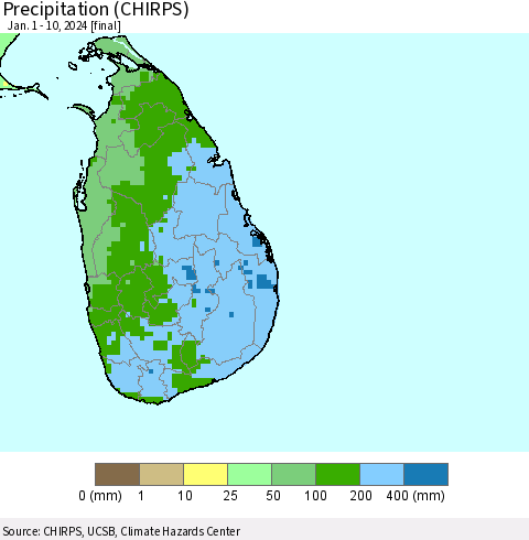 Sri Lanka Precipitation (CHIRPS) Thematic Map For 1/1/2024 - 1/10/2024