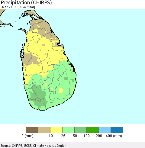 Sri Lanka Precipitation (CHIRPS) Thematic Map For 3/21/2024 - 3/31/2024