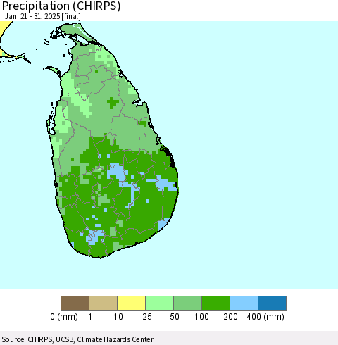 Sri Lanka Precipitation (CHIRPS) Thematic Map For 1/21/2025 - 1/31/2025