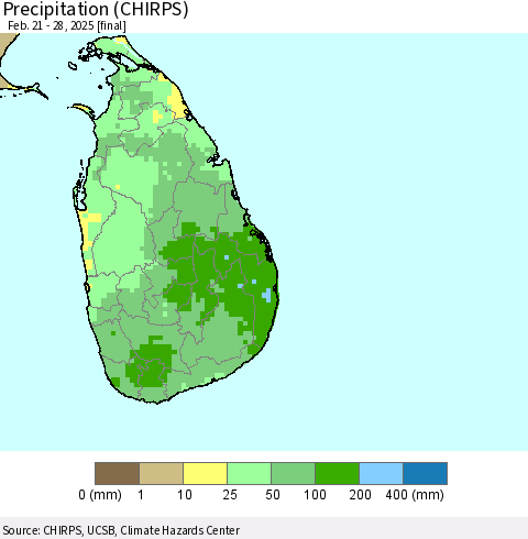 Sri Lanka Precipitation (CHIRPS) Thematic Map For 2/21/2025 - 2/28/2025
