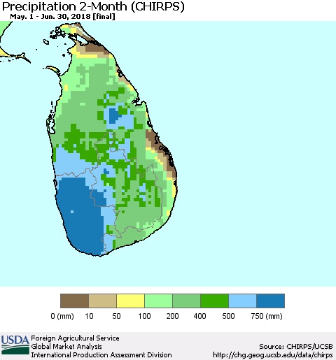 Sri Lanka Precipitation 2-Month (CHIRPS) Thematic Map For 5/1/2018 - 6/30/2018